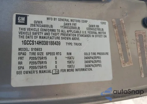 2003 Chevrolet S-10 z USA, uszkodzony, nr VIN 1GCCS14H038188439